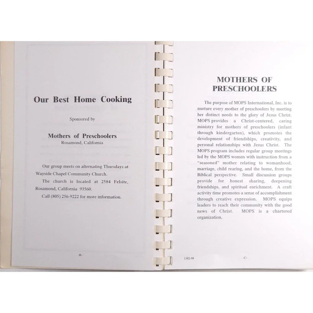 1998 Our Best Home Cooking Mothers Of Preschoolers Rosamond California Cookbook